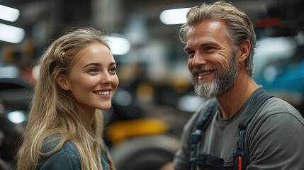 car repair expert consulting with female customer professional vehicle maintenance service technician providing advice on auto troubleshooting and diagnostics in modern automobile garage