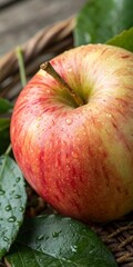 Red apple with water droplets in a basket with leaves.