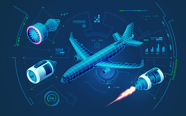 concept of aerospace engineering technology or aviation tech, graphic of airplane and aircraft engine with futuristic interface showing engine construction