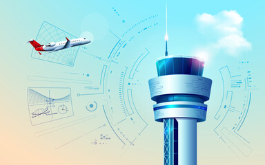 graphic of realistic air control tower showing air traffic controller interface with airplane futuristic technology