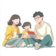 Joyful Asian Family Reading Books and Learning Together Isolated Illustration