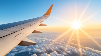 Fototapeta premium Airplane wing, sunset, cloudscape, aerial view.