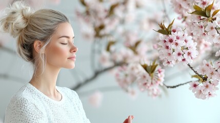 Naklejka premium Woman meditating in front of cherry blossoms. Peaceful scene. Possible use Relaxation, well-being, mindfulness