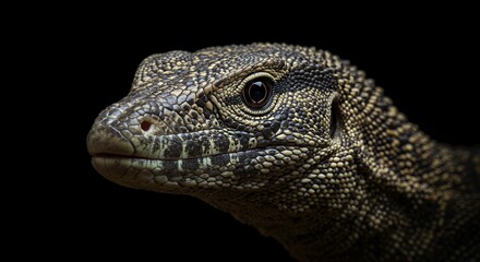 Fototapeta premium Dark Gray Monitor Lizard Close Up Portrait Against Black Background