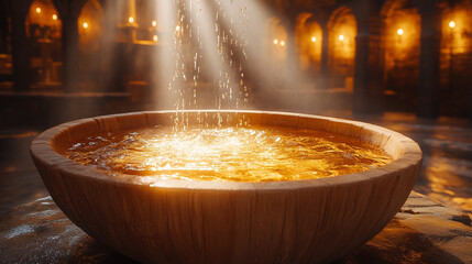 Sacred baptismal water flows over a carved stone basin, illuminated by warm light, symbolizing purification, renewal, and divine grace. A modern tribute to the Feast of the Baptism of the Lord