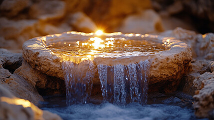 Sacred baptismal water flows over a carved stone basin, illuminated by warm light, symbolizing purification, renewal, and divine grace. A modern tribute to the Feast of the Baptism of the Lord