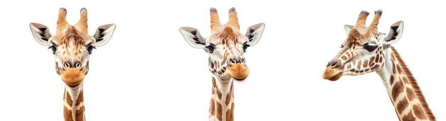 Three Giraffe Heads on White Background for Animal Photography Use, Isolated White Background