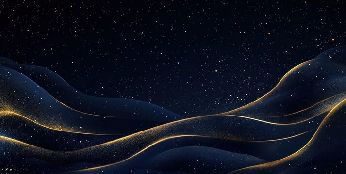 Abstract gold waves, dark blue night sky, sparkling dust, background design