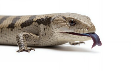 Fototapeta premium Detailed Close Up of a Gray and Brown Blue-Tongued Skink with Blue Tongue on White Background