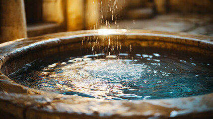 Sacred baptismal water flows over a carved stone basin, illuminated by warm light, symbolizing purification, renewal, and divine grace. A modern tribute to the Feast of the Baptism of the Lord