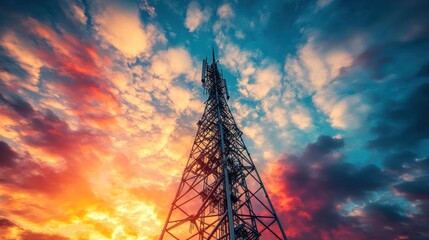 The majestic communications tower, its complex antenna array stands out against the background of the bright rays of the setting sun.