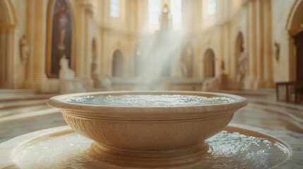Sacred baptismal water flows over a carved stone basin, illuminated by warm light, symbolizing purification, renewal, and divine grace. A modern tribute to the Feast of the Baptism of the Lord
