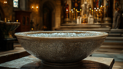 Sacred baptismal water flows over a carved stone basin, illuminated by warm light, symbolizing purification, renewal, and divine grace. A modern tribute to the Feast of the Baptism of the Lord