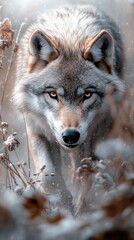 Obraz premium Through the snowy wilderness, a large wolf sprints, its powerful form cutting through the cold air.