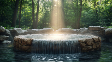 Sacred baptismal water flows over a carved stone basin, illuminated by warm light, symbolizing purification, renewal, and divine grace. A modern tribute to the Feast of the Baptism of the Lord