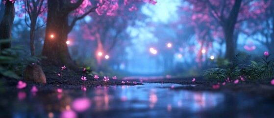 Enchanting twilight forest path with pink blossoms and soft lighting.