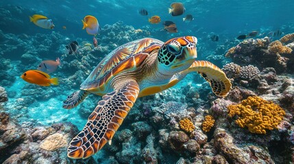 Sea Turtle Swimming Over Coral Reef with Fish School