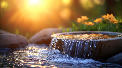 Sacred baptismal water flows over a carved stone basin, illuminated by warm light, symbolizing purification, renewal, and divine grace. A modern tribute to the Feast of the Baptism of the Lord