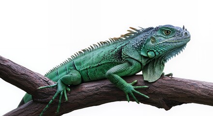 Green and Blue Iguana on Dark Branch Against White Background