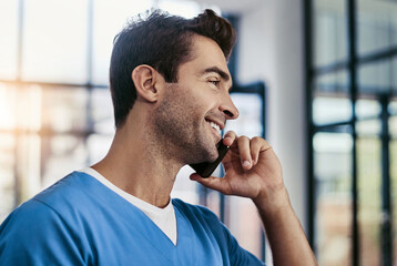 Healthcare nurse, man or phone call in clinic for online consultation, medical results or professional advice. Telehealth, male surgeon or talking to contact for feedback, mobile support or good news