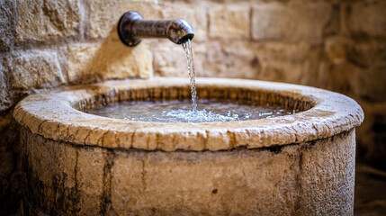 Sacred baptismal water flows over a carved stone basin, illuminated by warm light, symbolizing purification, renewal, and divine grace. A modern tribute to the Feast of the Baptism of the Lord