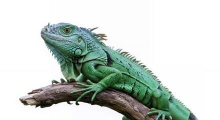 Obraz premium Green Iguana on Weathered Branch: Detailed Reptile Portrait