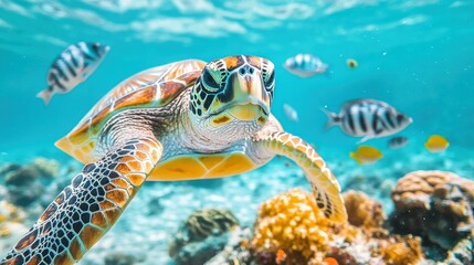 Fototapeta premium Sea turtle swimming over coral reef with tropical fish. Use Nature stock photo