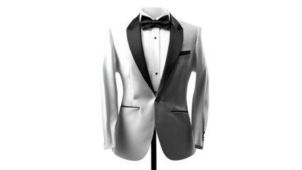 A formal white dress suit worn with a black tie, suitable for weddings, formal events and business attire
