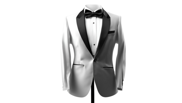A formal white dress suit worn with a black tie, suitable for weddings, formal events and business attire