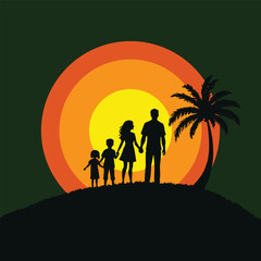 Family at sunset silhouette illustration
