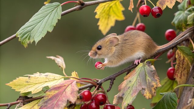 Harvest Mouse on Cherry Branch: A tiny harvest mouse, its delicate form perfectly suited for navigating the branches, daintily holds a ripe red cherry in its tiny paws.