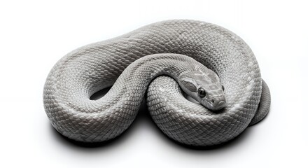Pale Gray Snake Coiled on White Background: Studio Photography of Reptile Texture
