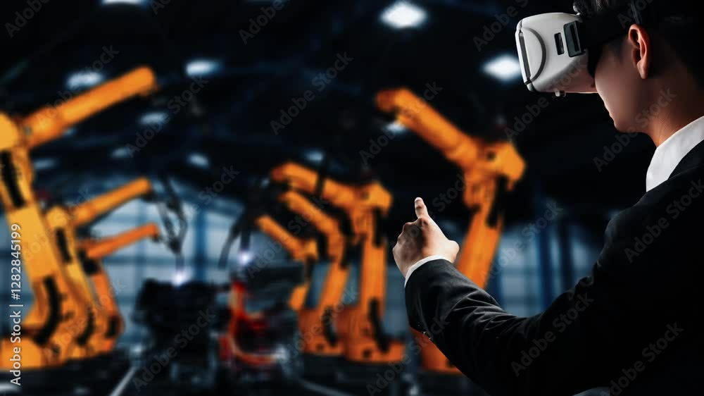 Poster engineer use cybernated robotic software to control industry robot arm in factory . automation manuf