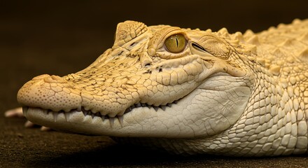 Obraz premium Pale Young Crocodile Close-up: Yellow Eyes, Textured Skin, Dark Background
