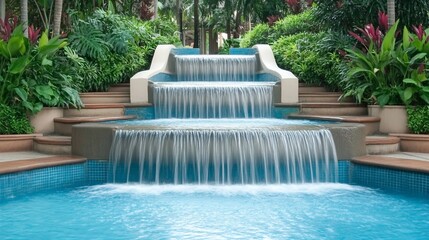 Tropical resort pool waterfall serenity