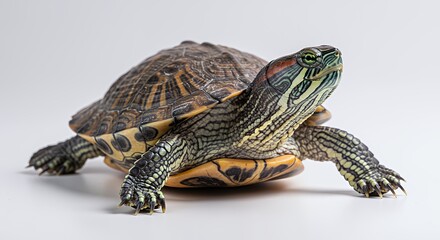 Naklejka premium Red-Eared Slider Turtle Close-Up Studio Shot: Detailed View of Brown Green Shell on White Background