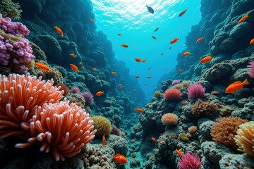 Fototapeta premium Vibrant Coral Reef Ecosystem Underwater with Multifaceted Marine Life in a Clear Blue Ocean, Showcasing Colorful Coral and Diverse Tropical Fish