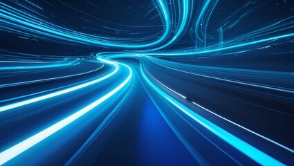 Abstract background with vibrant glowing blue light trails curving and streaking across a dark backdrop