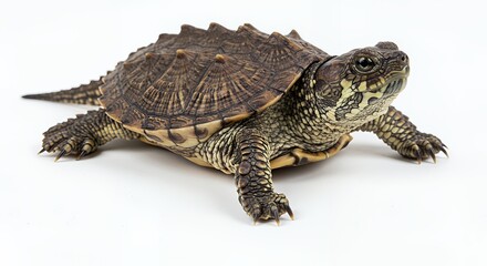 Obraz premium Small Brown Turtle on White Background Close-Up Studio Shot
