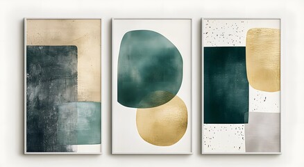 Abstract Triptych Modern Art Gold Green Beige