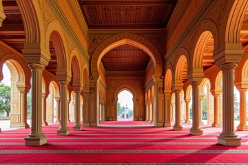 Obraz premium Stunning Architectural Marvel: A Grand Hallway with Ornate Arches and Vibrant Red Carpet in an Impressive Cultural Building