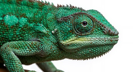 Fototapeta premium Vibrant Green Chameleon Profile Close-Up Against White Background