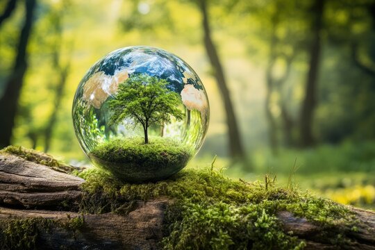 Crystal ball showing tree, forest background, environmental concept