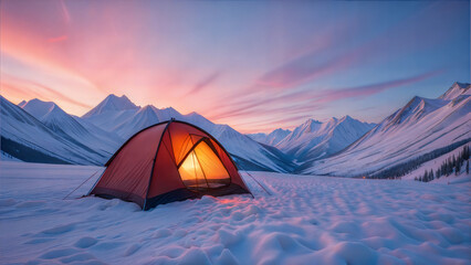 Camping tent at sunset in snowy mountains with mountains in the background and warm light inside