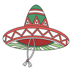 Detailed drawing of a sombrero with a red top, yellow brim, and green accents. Suitable for Cinco de Mayo, Mexican culture, and festive decorations