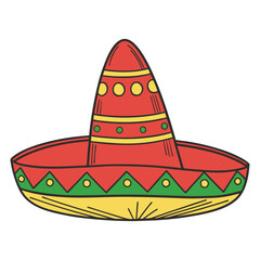 Vibrant illustration of a traditional Mexican sombrero with red, yellow, and green patterns. Ideal for Cinso De Mayo,  cultural and festive stock imagery