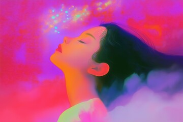 A dreamy, colorful portrait of a woman with closed eyes, surrounded by vibrant hues of pink, purple, and blue. Her hair flows gently, creating an ethereal atmosphere.