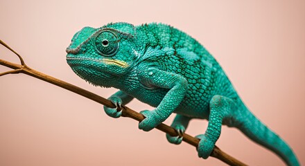 Obraz premium Vibrant Turquoise Chameleon on Branch, Soft Pink Background