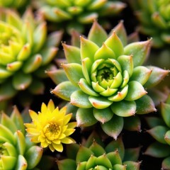 Fototapeta premium Close-up shot of Sempervivum tectorum succulent plant's intricate leaf details and bright yellow flower blooms, , Close-up Photography
