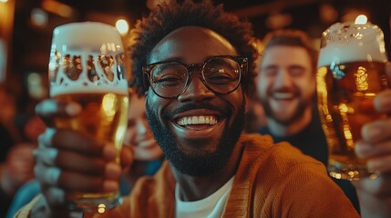 diverse group of happy people celebrating in a bar raising their beer glasses in a toast sharing laughter and creating unforgettable memories in a fun and social pub atmosphere